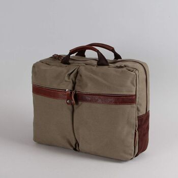 Sac cartable ordinateur et sac à dos Olivier toile garnie cuir vachette kaki 6