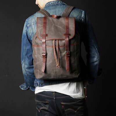 Gauthier canvas backpack with brown cowhide leather trim