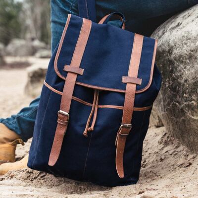 Gauthier canvas backpack trimmed with blue cowhide leather