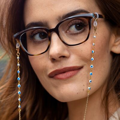 Brillenkette – Zierliche hellblaue Evil Eye Brillenkette – perfekt zum Tragen mit Sonnenbrillen, als Brillenhalter