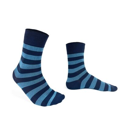 Blue socks with sky blue stripes