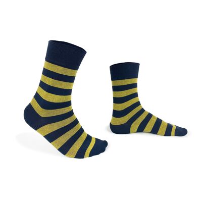 Yellow socks with blue stripes