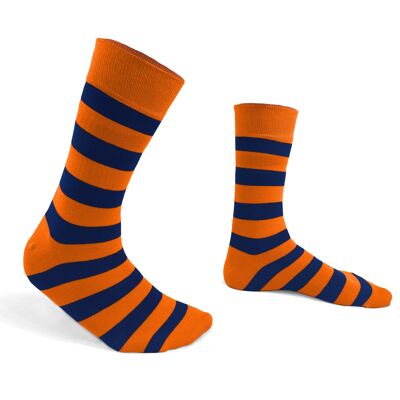 Orange socks with blue stripes