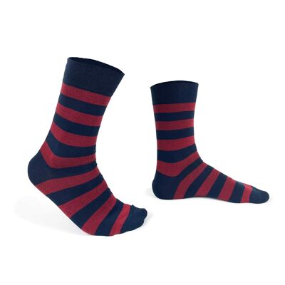 Dark red socks with blue stripes