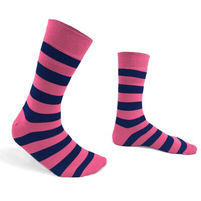 Pink socks with blue stripes