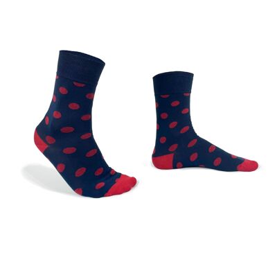 Blue socks with red polka dots