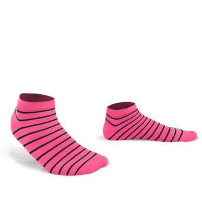 Pink socks with blue stripes