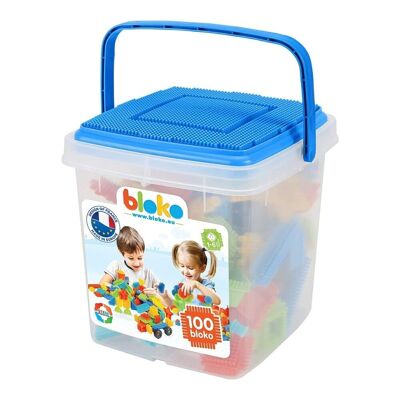 Blue Storage Barrel + 100 Bloko + 1 Game Plate - Construction Game - From 12 months - BLOKO - 503552