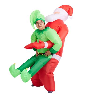 Costume de Père Noël Gonflable de Noël Carry Me Elf Adulte - Rouge et Vert Blow Up Fancy Onesie Xmas Party Suit - Taille Unique, Convient Jusqu'à 2 Mètres / 6,5 Ft