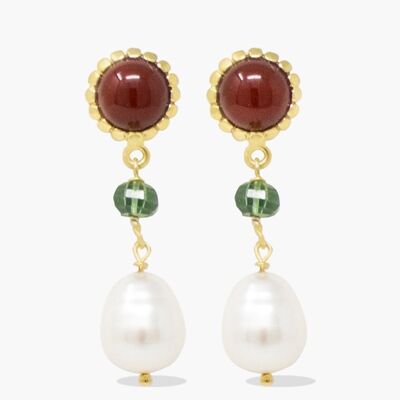 Carnelian, Green Agate & Pearl Drop Earrings