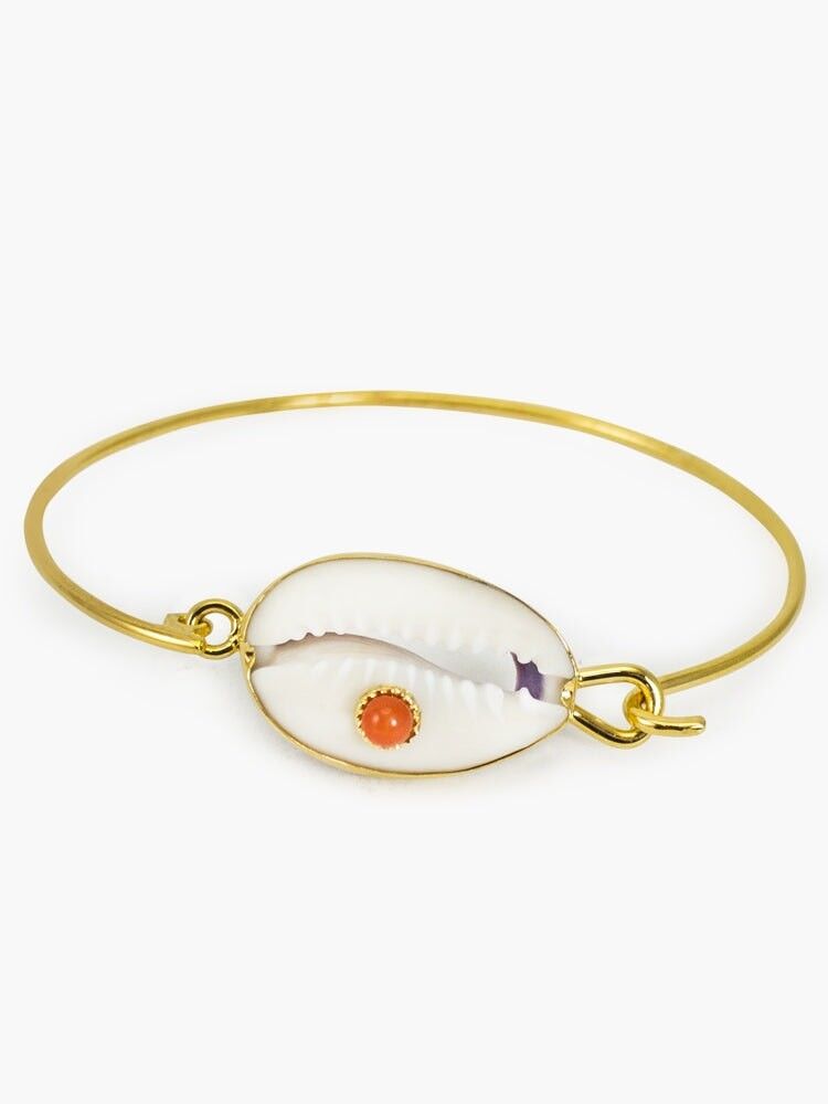Bracciale rigido in corallo e conchiglia di ciprea