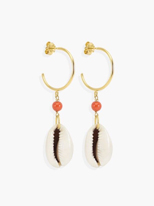 Coral & Cowrie Shell Hoop Earrings