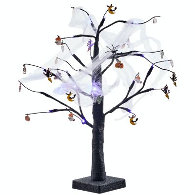 Arbre noir d'Halloween noir de 2 pieds - Lumières LED alimentées par USB / batterie Toile d'araignée effrayante avec ornements de brindilles suspendus Décorations de fête