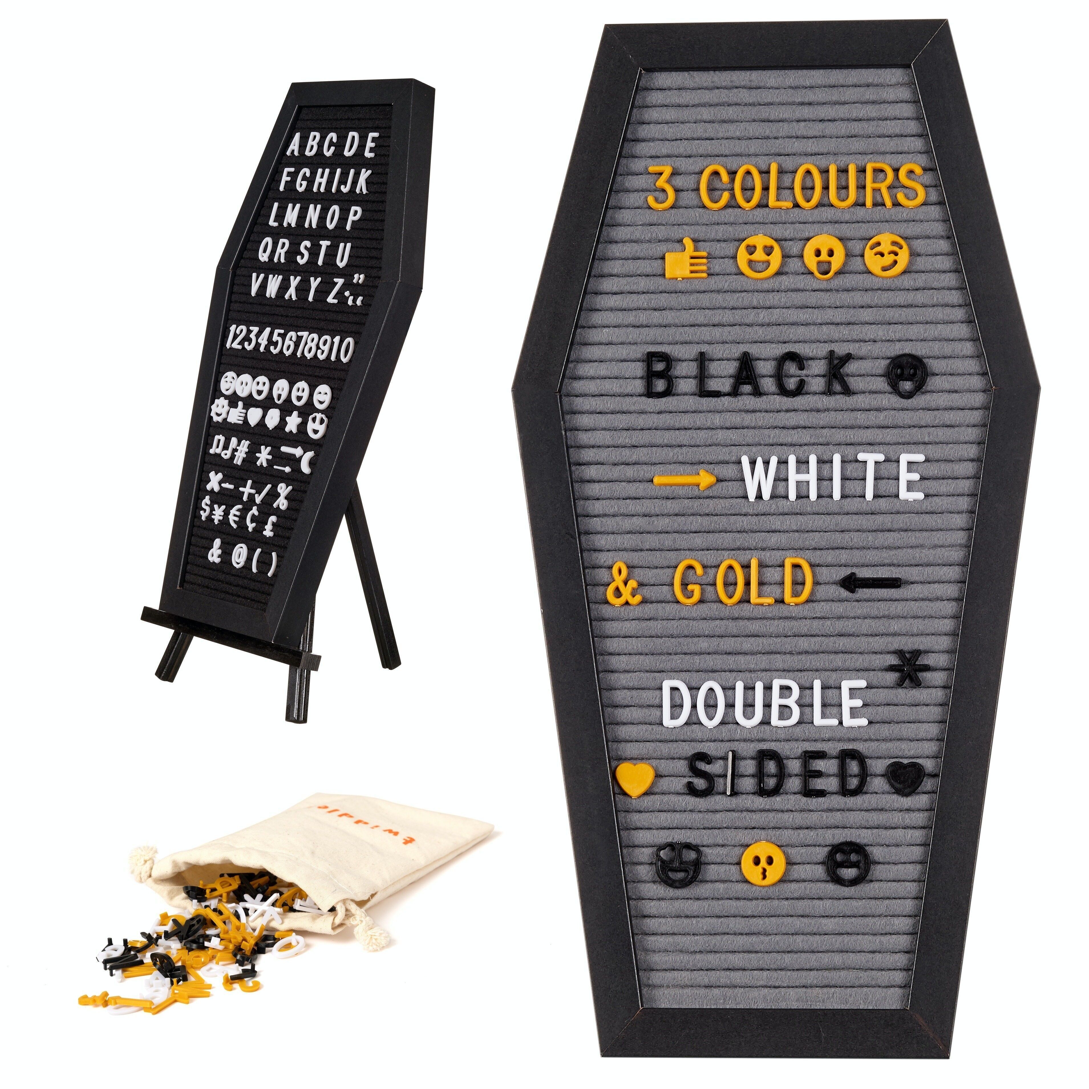 Schwarzer Sarg, Halloween-Buchstabe, Nachricht, Filztafel, Gothic-Schild, Dekoration mit 507 vorgeschnittenen Buchstaben in Schwarz, Weiß und Gelb, Sperrholzständer – 44 cm x 22 cm