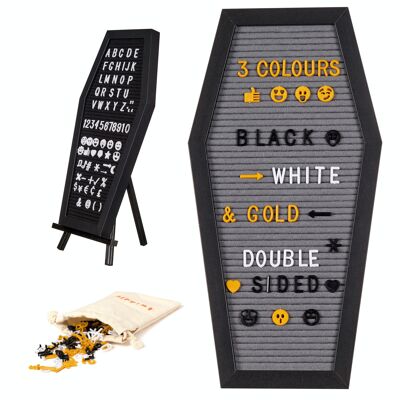 Black Coffin Halloween Letter Message Felt Board Gothic Sign Decoration with 507 Pre-cut Letters in Black White and Yellow Plywood Stand - 44cm x 22cm