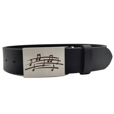 Cinturón de cuero y hebilla con varios instrumentos y motivos musicales - motivo: bastón
