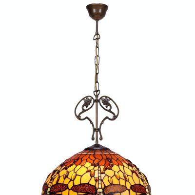 Pendente a soffitto diametro maggiore 40cm con catena e ornamento in ghisa Tiffany Serie Belle Amber LG232166