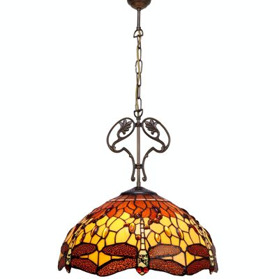 Pendente a soffitto diametro maggiore 40cm con catena e ornamento in ghisa Tiffany Serie Belle Amber LG232166