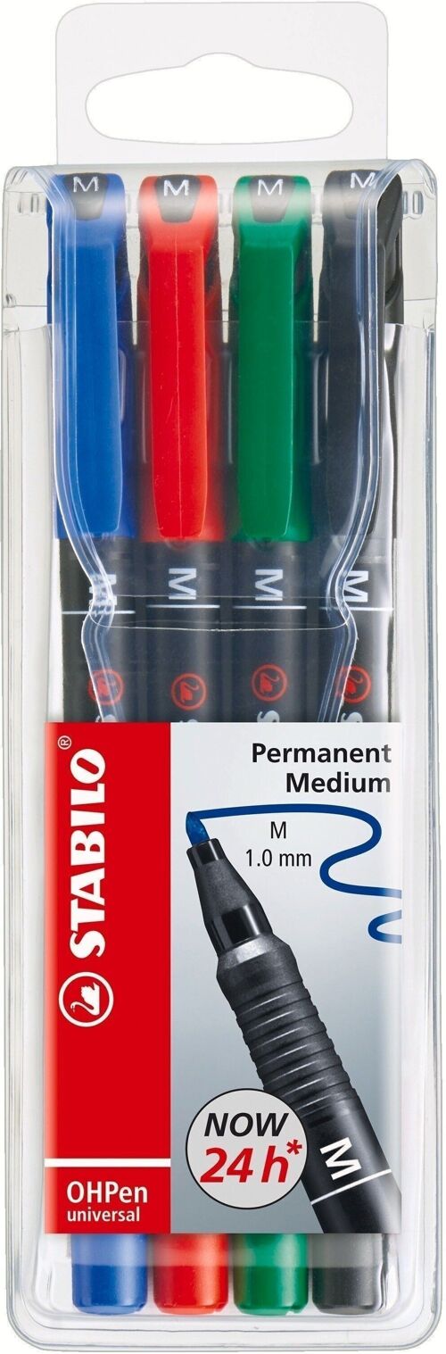 Stylos-feutres - Pochette x 4 STABILO OHPen permanent 1 mm - noir + bleu + rouge + vert
