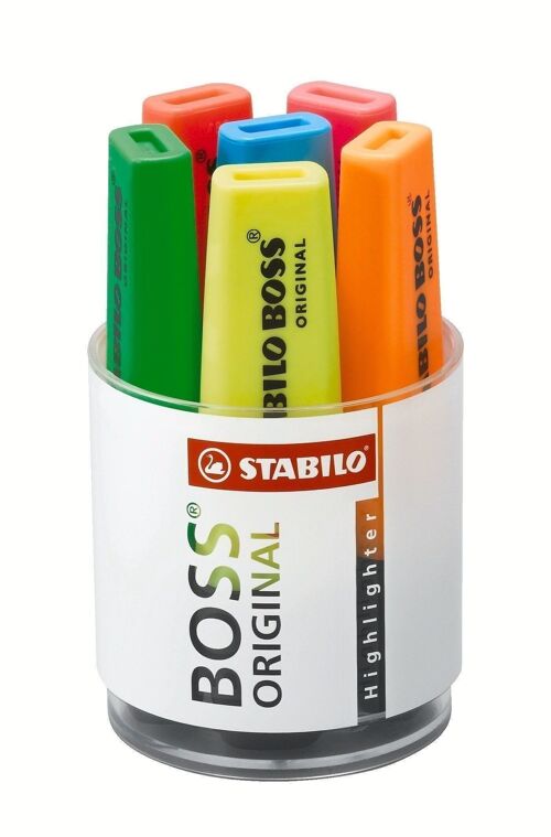 Surligneurs - Pot x 6 STABILO BOSS ORIGINAL - jaune + bleu + vert + rouge + orange + rose