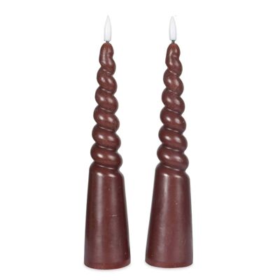 2 bougies Piliers torsadées LED cire naturelle marron D5,5 H24,5cm (à piles)