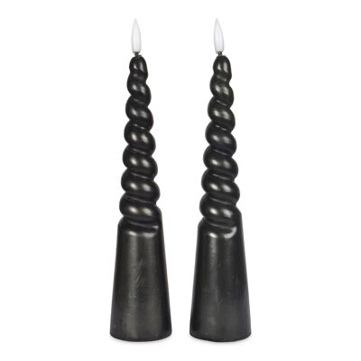 2 bougies Piliers torsadées LED cire naturelle noire D5,5 H24,5cm (à piles)
