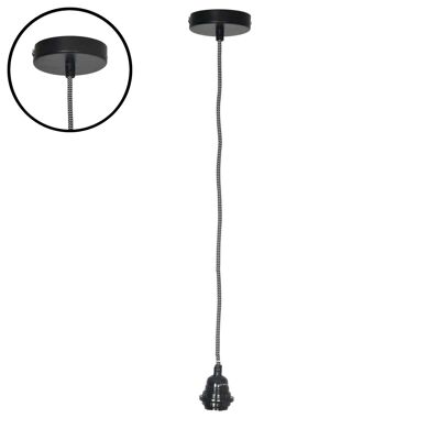 Suspension douille noire 110cm câble tissu noir blanc rosace