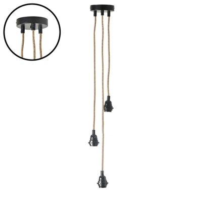 Suspension Douille noire 3 câbles 200cm corde naturelle rosace