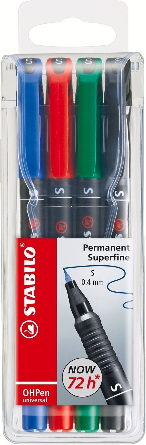 Stylos-feutres - Pochette x 4 STABILO OHPen permanent 0,4 mm - noir + bleu + rouge + vert