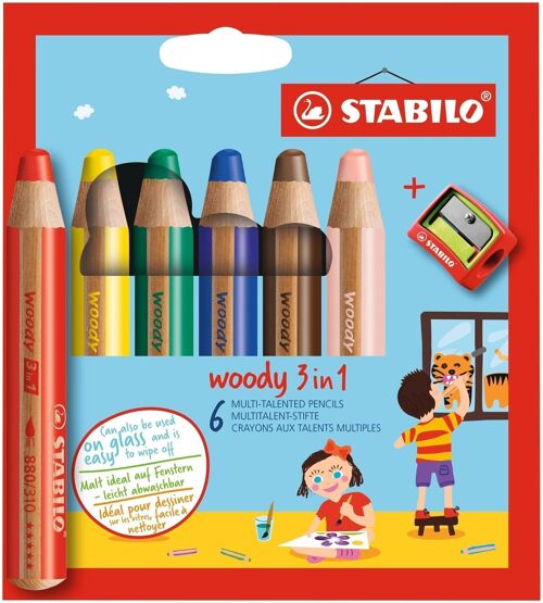 Crayons multi-talents - Etui carton x 6 STABILO woody 3 in 1 + 1 taille-crayon
