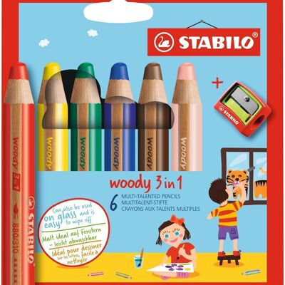 Multitalent-Bleistifte – Kartonetui x 6 STABILO woody 3 in 1 + 1 Bleistiftspitzer