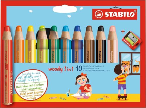 Crayons multi-talents - Etui carton x 10 STABILO woody 3 in 1 + 1 taille-crayon
