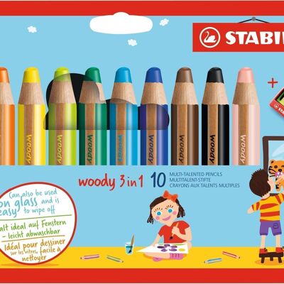 Crayons multi-talents - Etui carton x 10 STABILO woody 3 in 1 + 1 taille-crayon