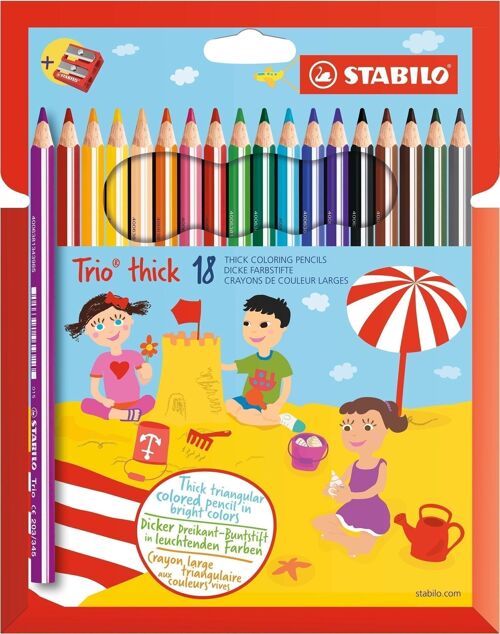 Crayons de couleur - Etui carton x 18 STABILO Trio + 1 taille-crayon