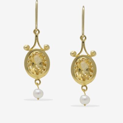 Boucles d'oreilles en plaqué or avec citrine et perle
