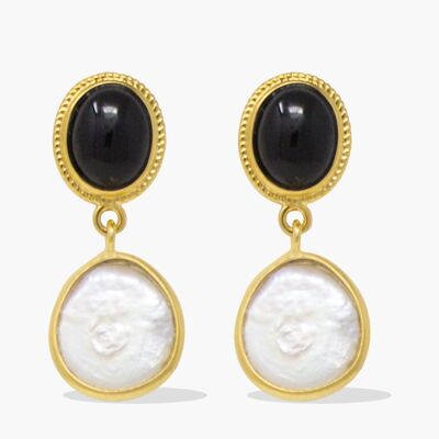 Boucles d'Oreilles Onyx & Perle Plaqué Or