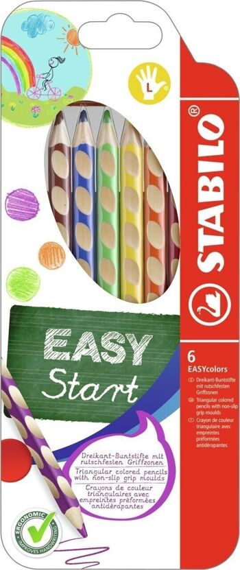 Crayons de couleur - Etui carton x 6 STABILO EASYcolors gaucher - jaune + orange + rouge + bleu foncé + vert clair + marron 1