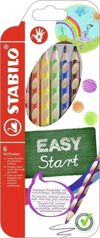 Crayons de couleur - Etui carton x 6 STABILO EASYcolors droitier - jaune + orange + rouge + bleu foncé + vert clair + marron 1