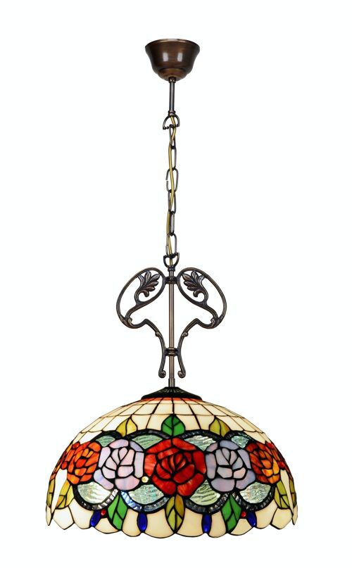 Colgante de techo con cadena y adorno fundición con pantalla Tiffany diámetro 40cm Serie Rosy LG283166