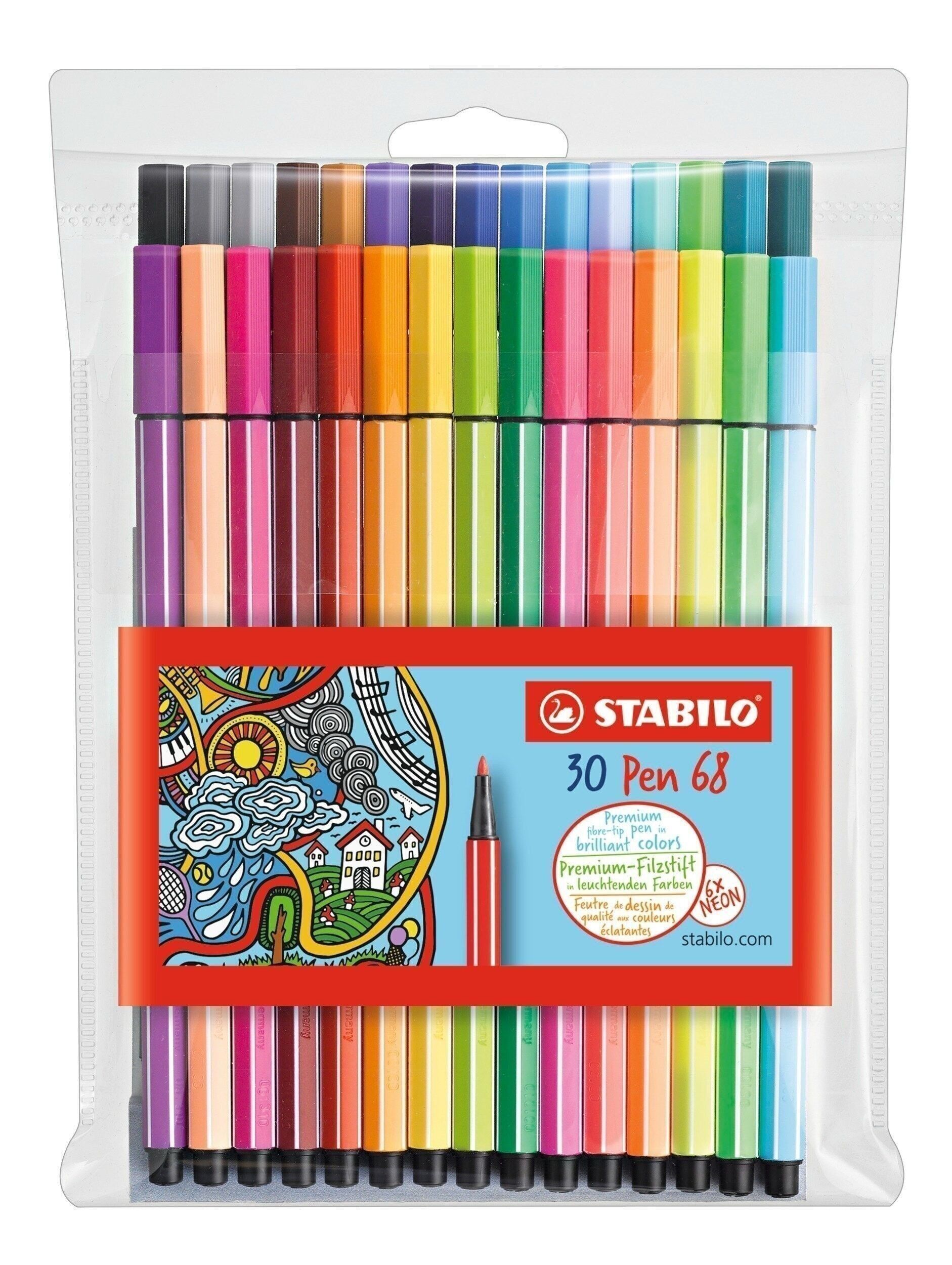 Pouch x 30 STABILO Pen 68 medium tip drawing felt-tip pens - assorted colors including 6 fluorescent