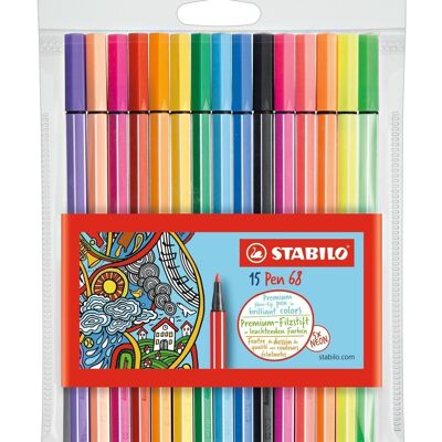 Feutres de dessin - Pochette x 15 STABILO Pen 68 - coloris assortis dont 5 fluo