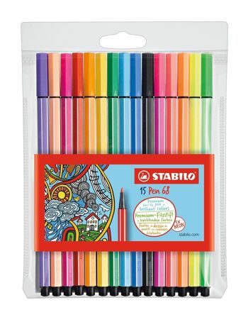 Feutres de dessin - Pochette x 15 STABILO Pen 68 - coloris assortis dont 5 fluo 1