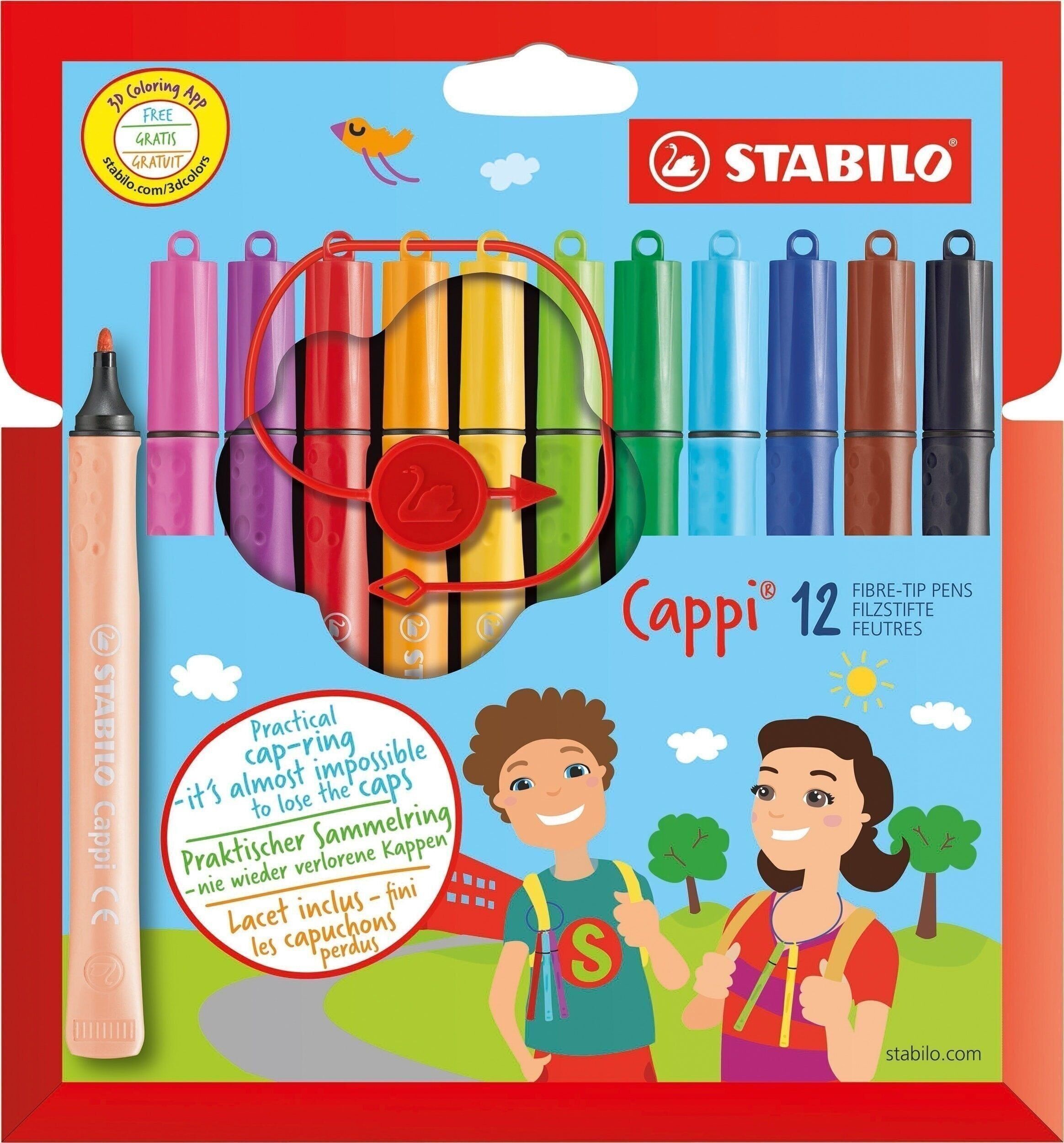 Estuche de cartón x 12 rotuladores STABILO Cappi punta media para colorear + 1 cordón