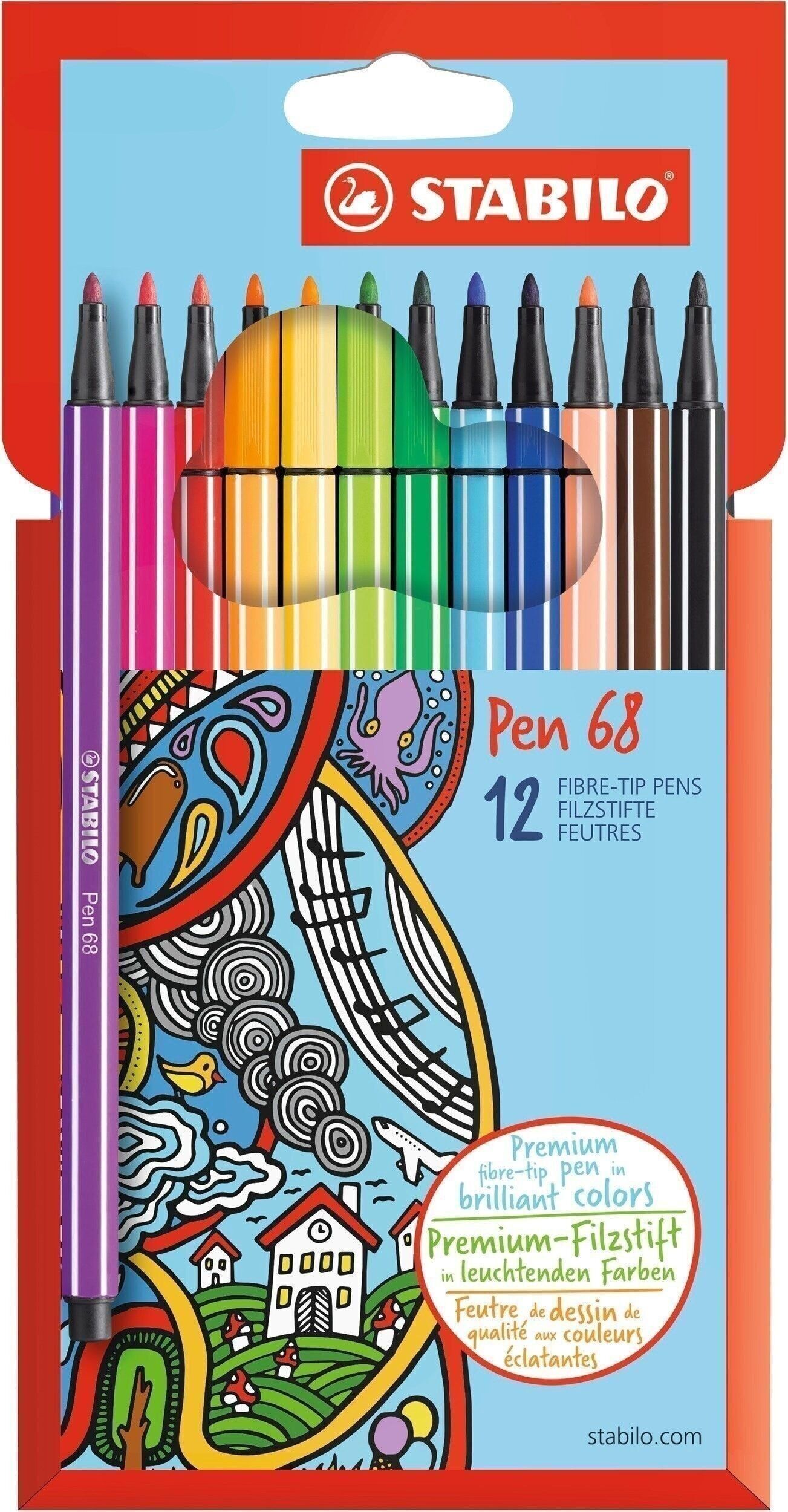 Etui carton x 12 feutres de dessin pointe moyenne STABILO Pen 68