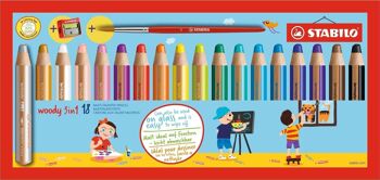Crayons multi-talents - Etui carton x 18 STABILO woody 3 in 1 + 1 pinceau rond taille 8 + 1 taille-crayon 1