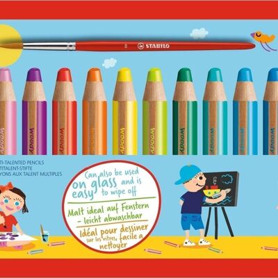 Crayons multi-talents - Etui carton x 18 STABILO woody 3 in 1 + 1 pinceau rond taille 8 + 1 taille-crayon