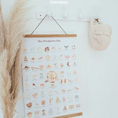 Affiche mes premières fois à tamponner Cadeau naissance bébé fille garcon, boite souvenir parents, femme enceinte jeune maman (COFFRET Affiche +Cadre baguette +Tampon +Encrier,GRAND Format A2)