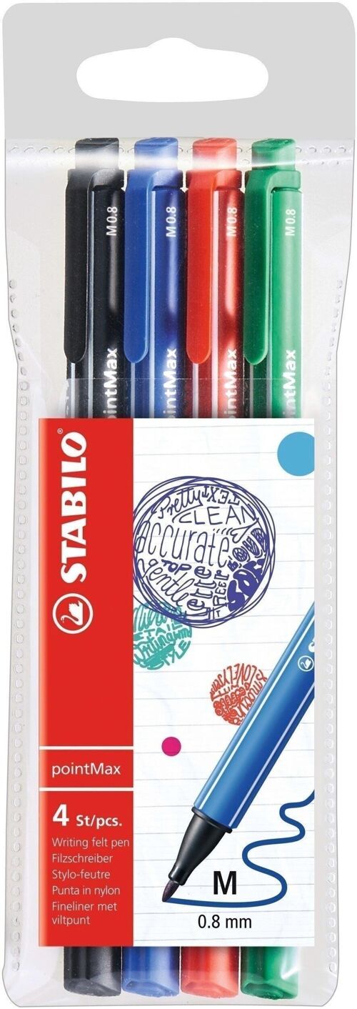 Stylos-feutres - Pochette x 4 STABILO pointMax - noir + bleu + rouge + vert