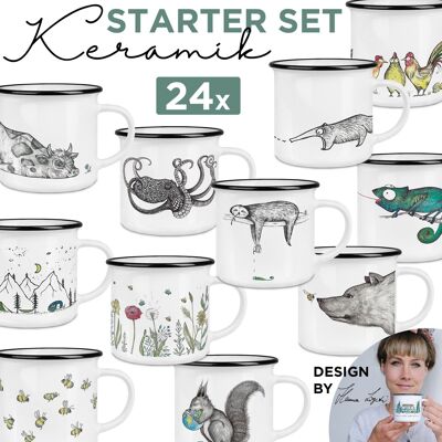 Starter set [tazas de cerámica 24 en estilo retro] 12 motivos - animales, camping, naturaleza - éxito de ventas de LIGARTI®