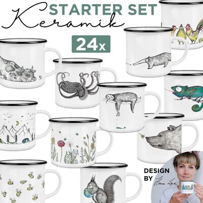 Kit de démarrage [24 tasses en céramique au look rétro] 12 motifs - animaux, camping, nature - best-seller LIGARTI®